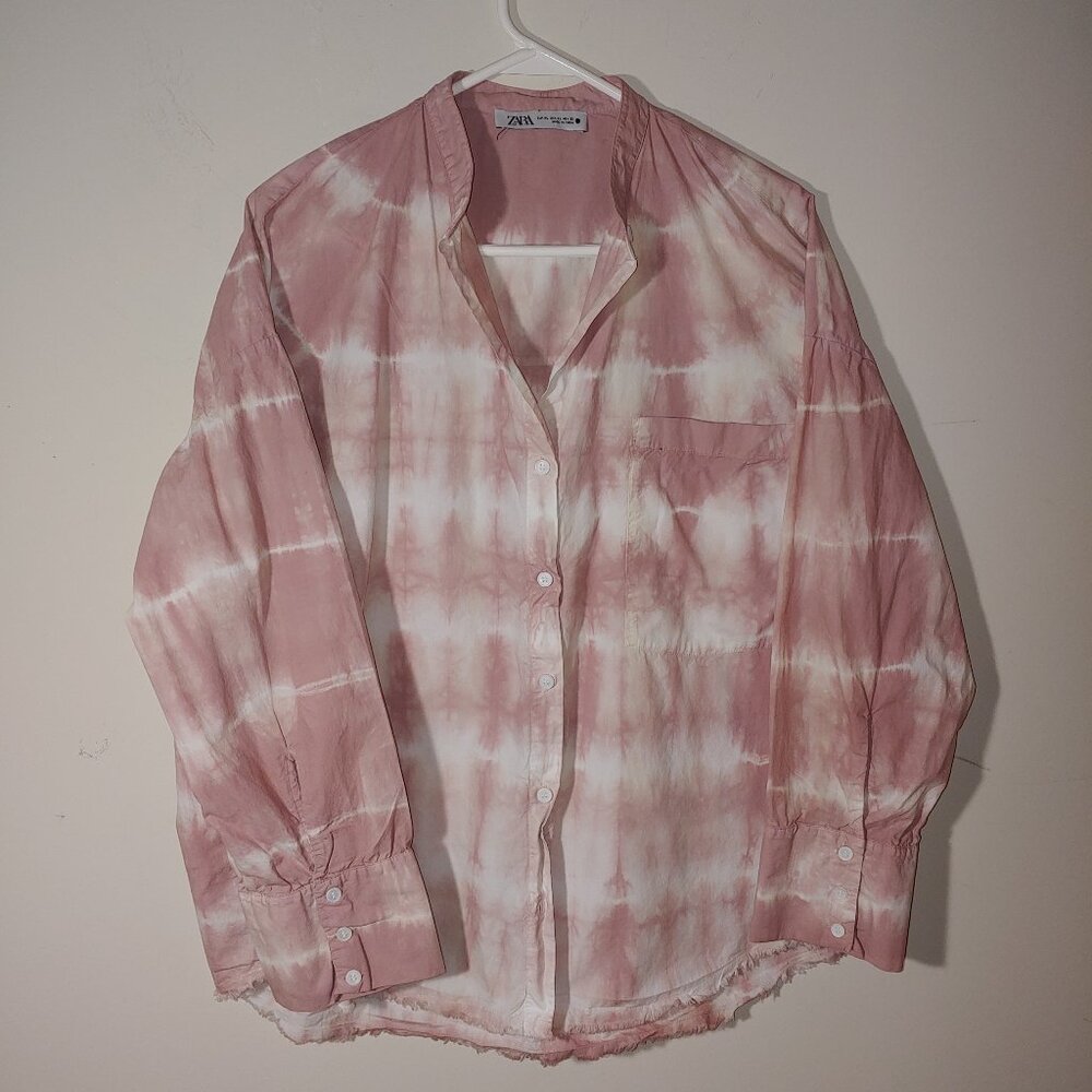 ZARA Tie Dye Raw Hem Pink Blush Long Sleeves Button Down Blouse Size XL